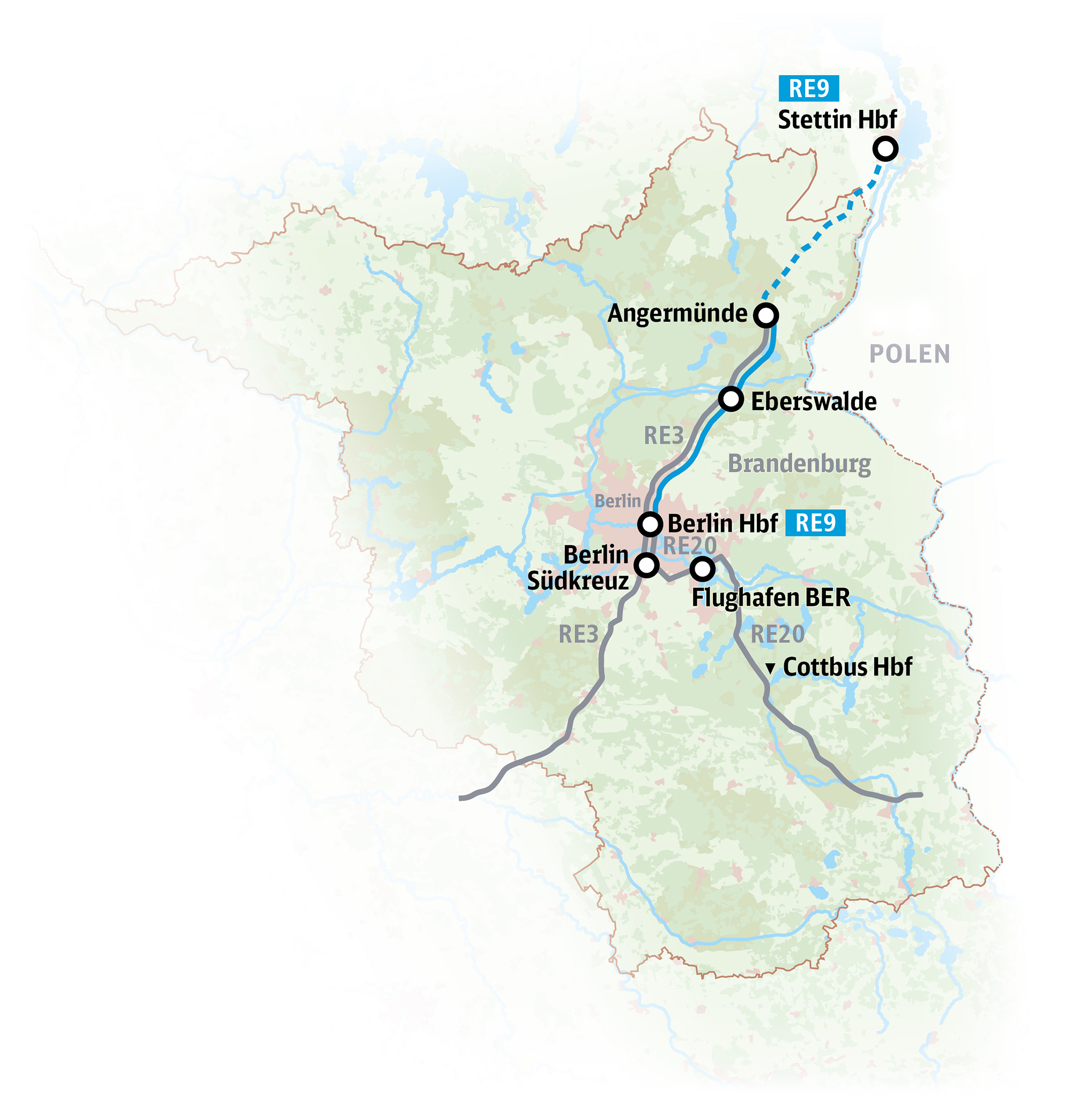 Stilisierter Streckenverlauf der Linie RE9 von Berlin Hbf nach Angermünde