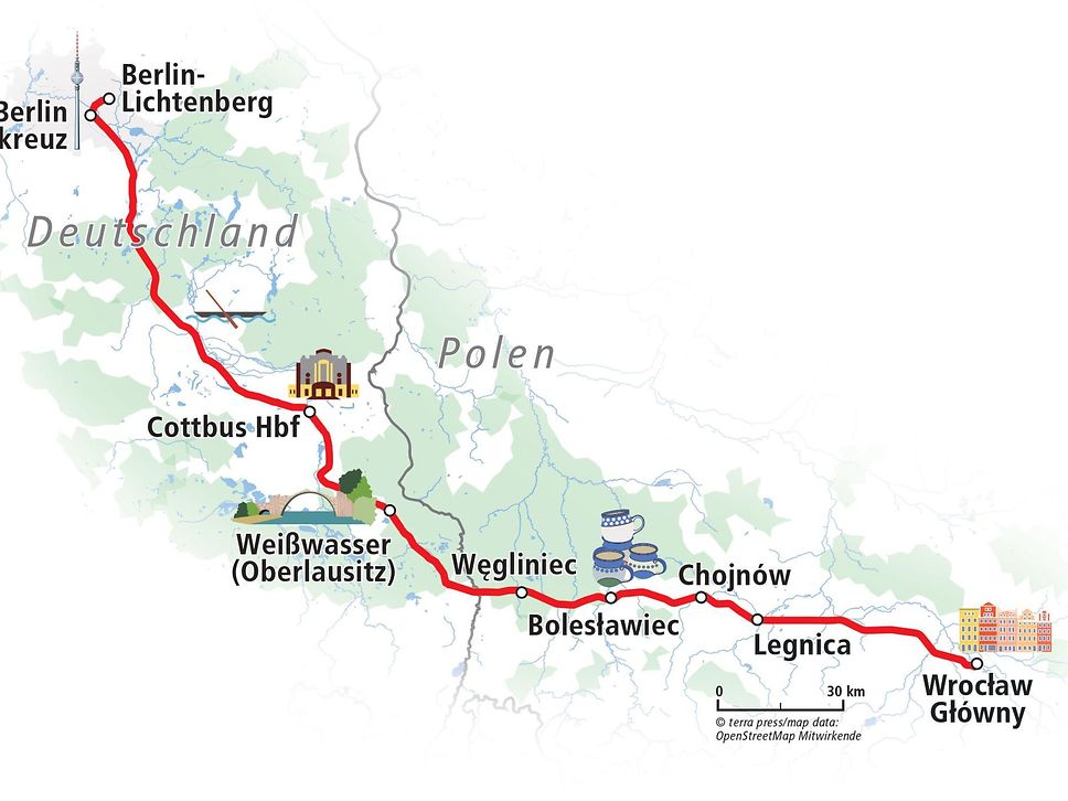 Karte mit Übersicht der Strecke von Berlin-Lichtenberg bis Breslau.