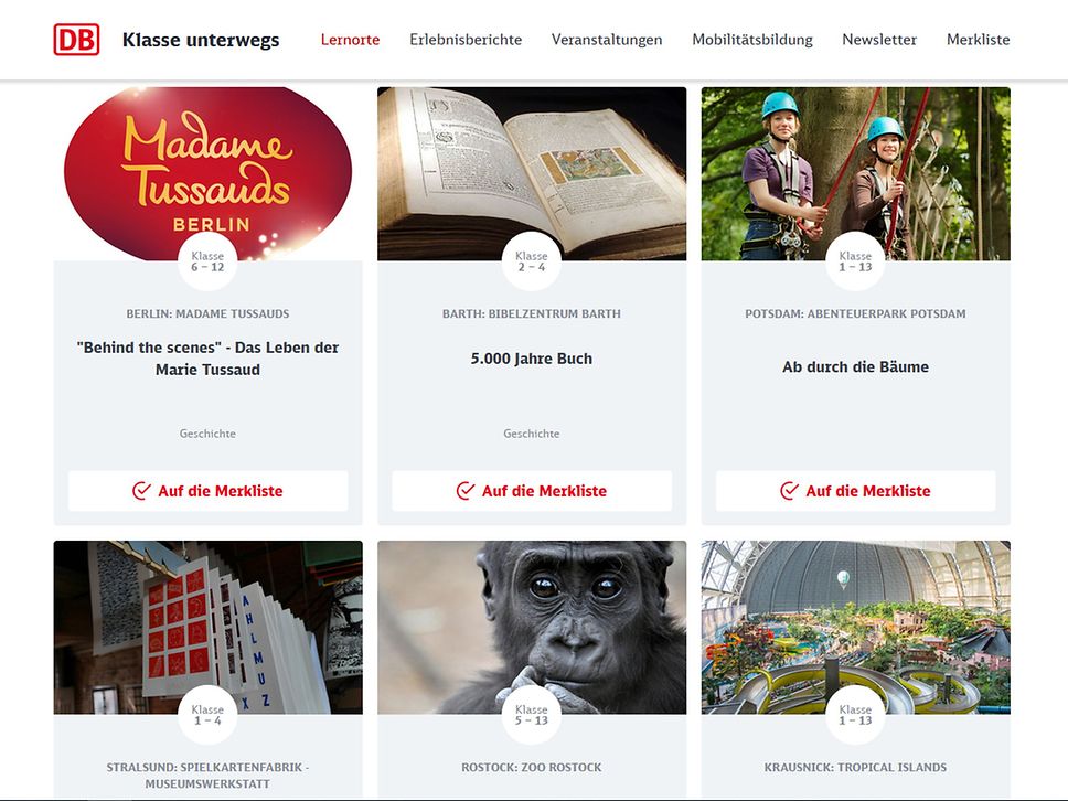 Screenshot der Internetseite von "Klasse unterwegs" mit Übersicht der Lernangebote.