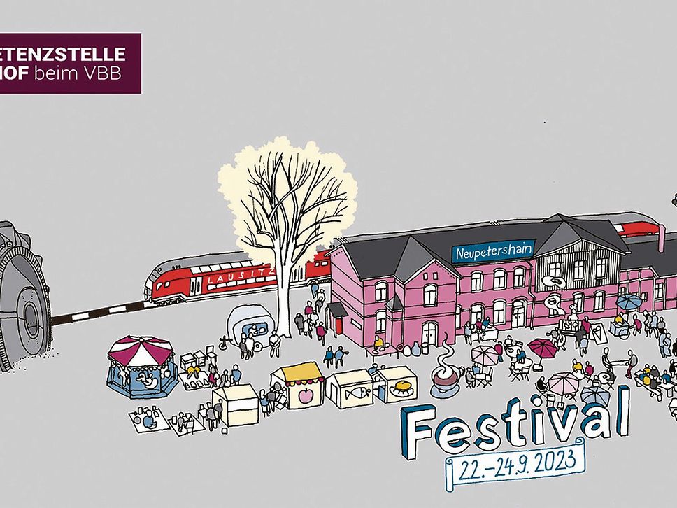 Grafische Darstellung des Bahnhofs Neupetershain, davor ein Festival.
