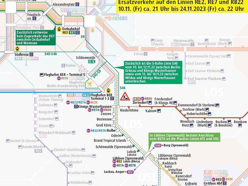Quelle: DB Netz AG Grafik zu Bauarbeiten auf den Linien RE2, RE7 und RB22.