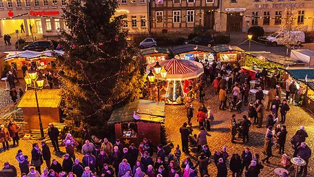 Blick von oben auf den Gänsemarkt in Angermünde mit Baum, Karussell und Buden.