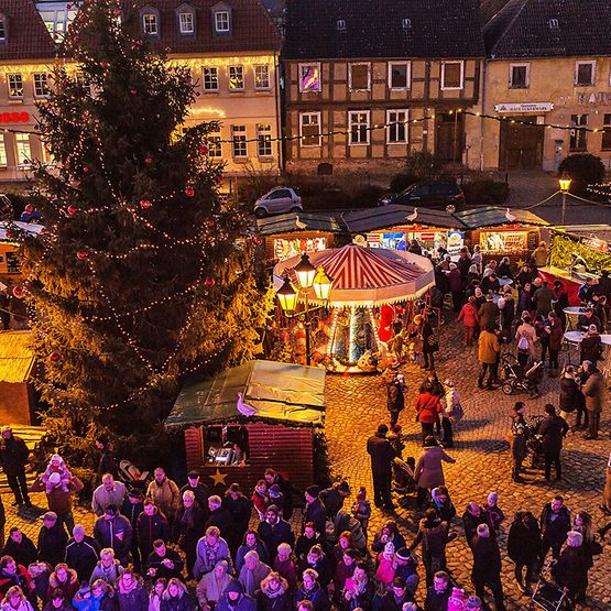Blick von oben auf den Gänsemarkt in Angermünde mit Baum, Karussell und Buden.