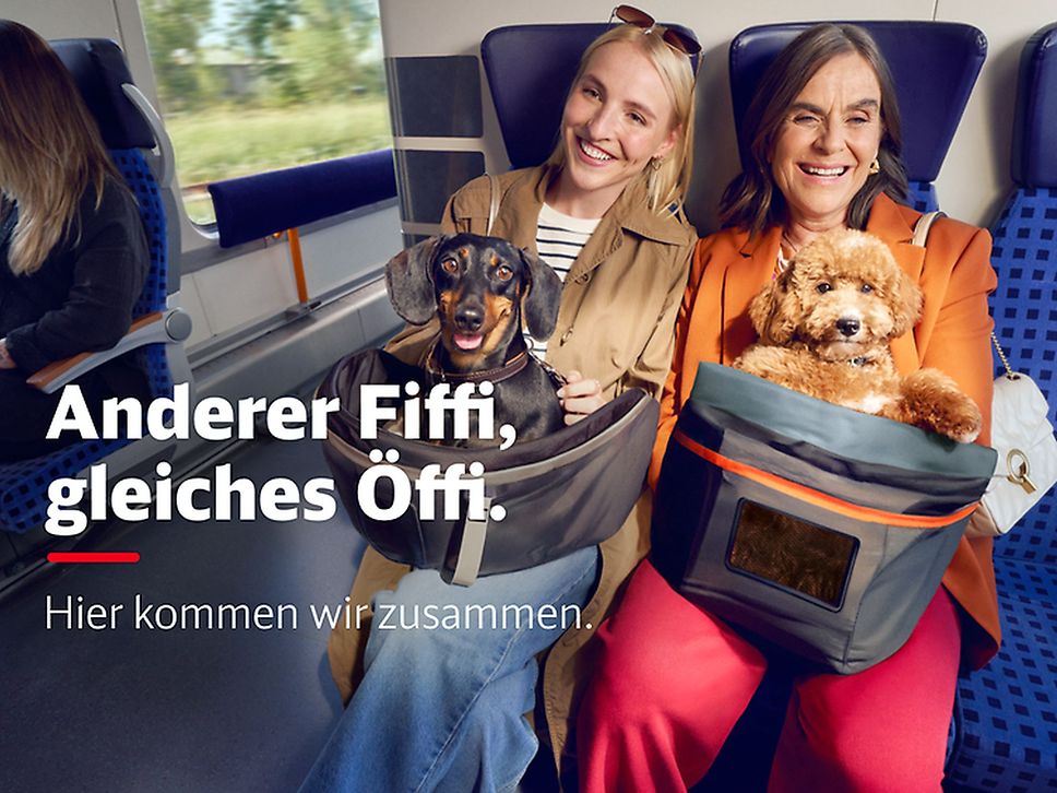 Zwei Frauen sitzen im Zug nebeneinander, auf ihrem Schoß eine Tasche, aus der ihr Hund guckt.