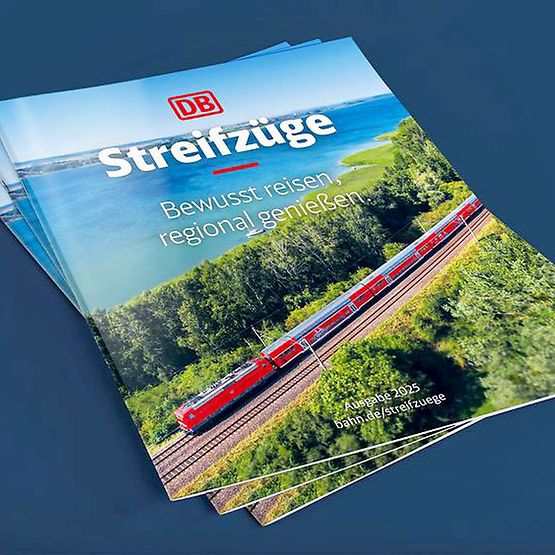 Drei Ausgaben des Magazins "Streifzüge" liegen aufgefächert auf einem blauen Untergrund.