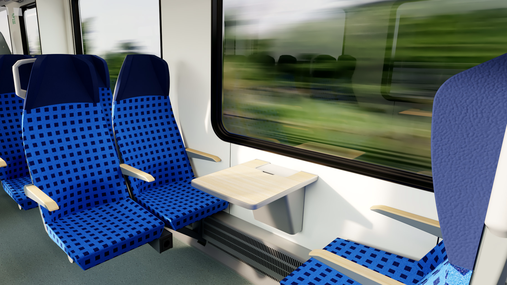 Simulation einer 4er-Sitzgruppe mit Tisch in der 2. Klasse des FLIRT