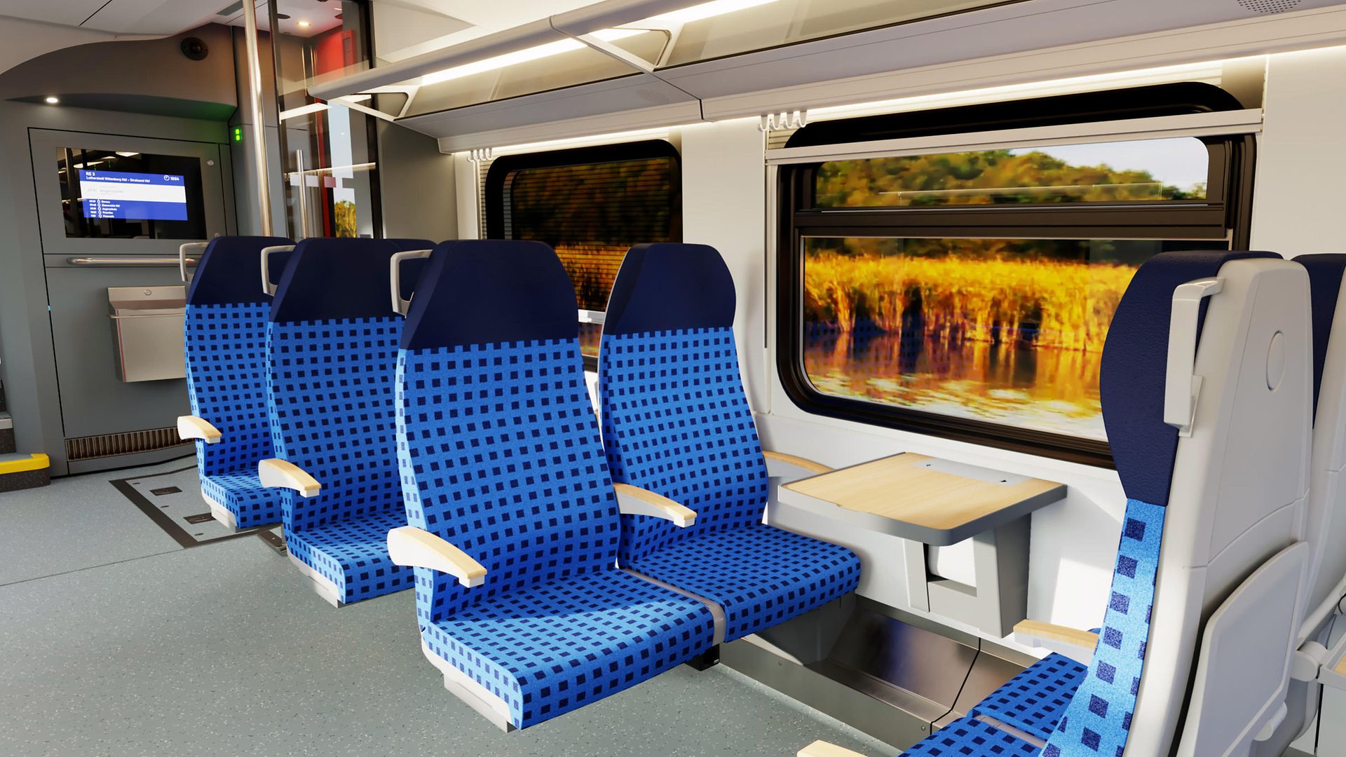 Simulation der 2. Klasse im Unterdeck eines KISS-Doppelstockwagens 