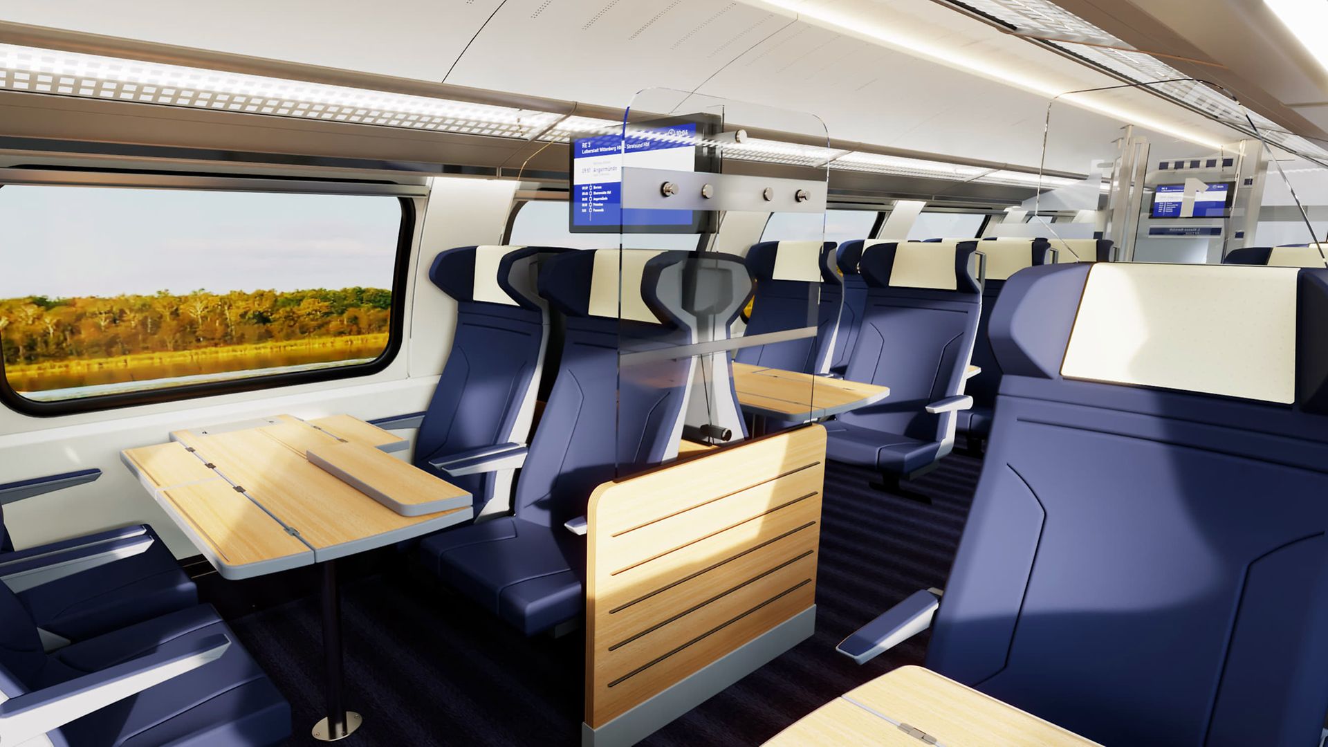 Simulation des 1. Klasse im Oberdeck eines KISS-Doppelstockwagens