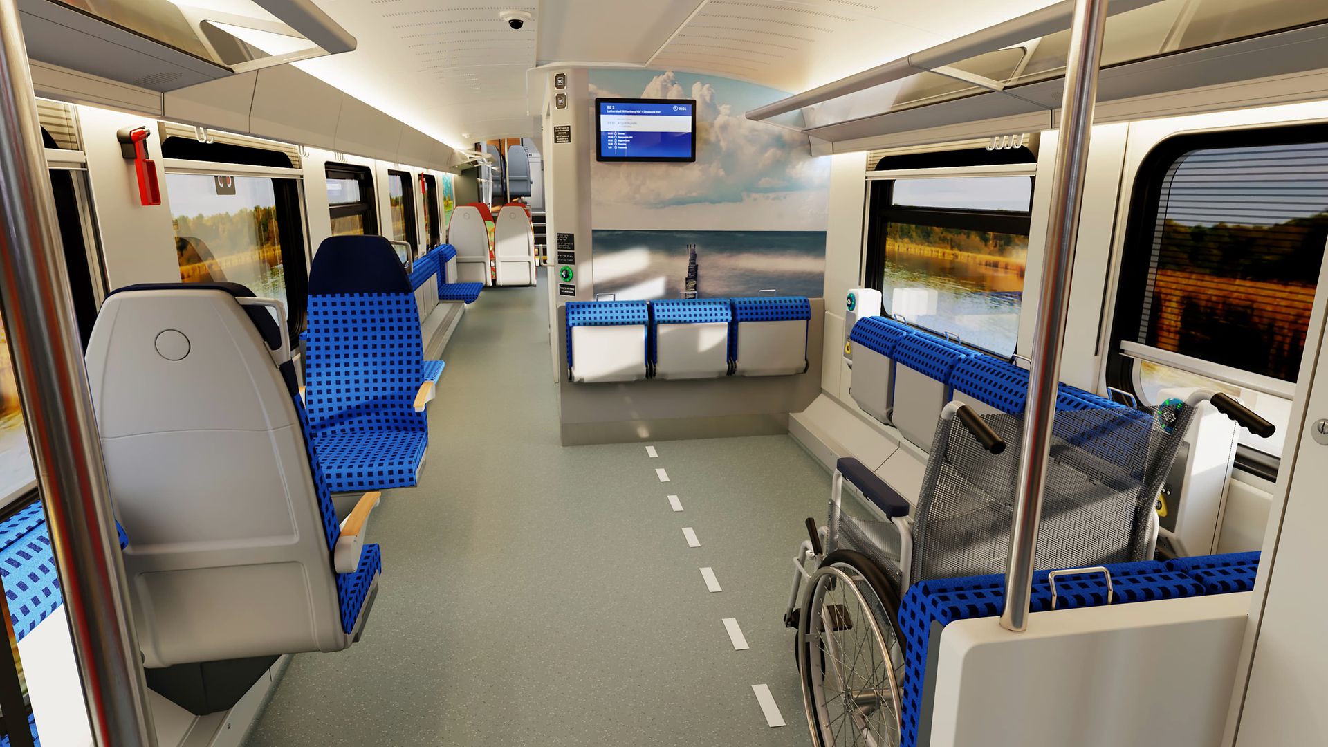 Simulation des barrierefreien Mehrzweckbereichs vor der Universaltoilette im KISS-Doppelstockwagen