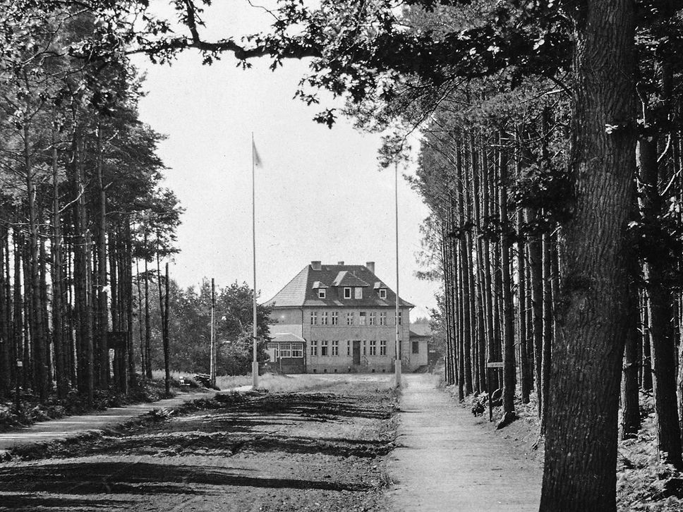 Schwarz-Weiß-Aufnahme des Bahnhofs Graal-Müritz, davor eine Allee aus Bäumen,