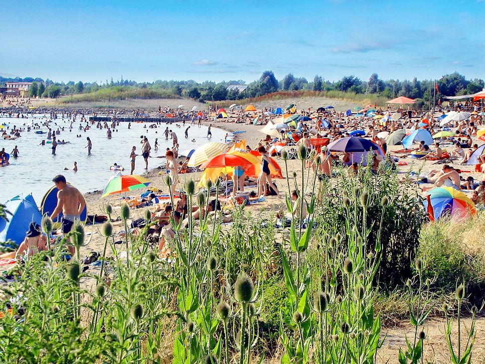 Bilck auf einen Strand am See, viele Menschen liegen in der Sonne.
