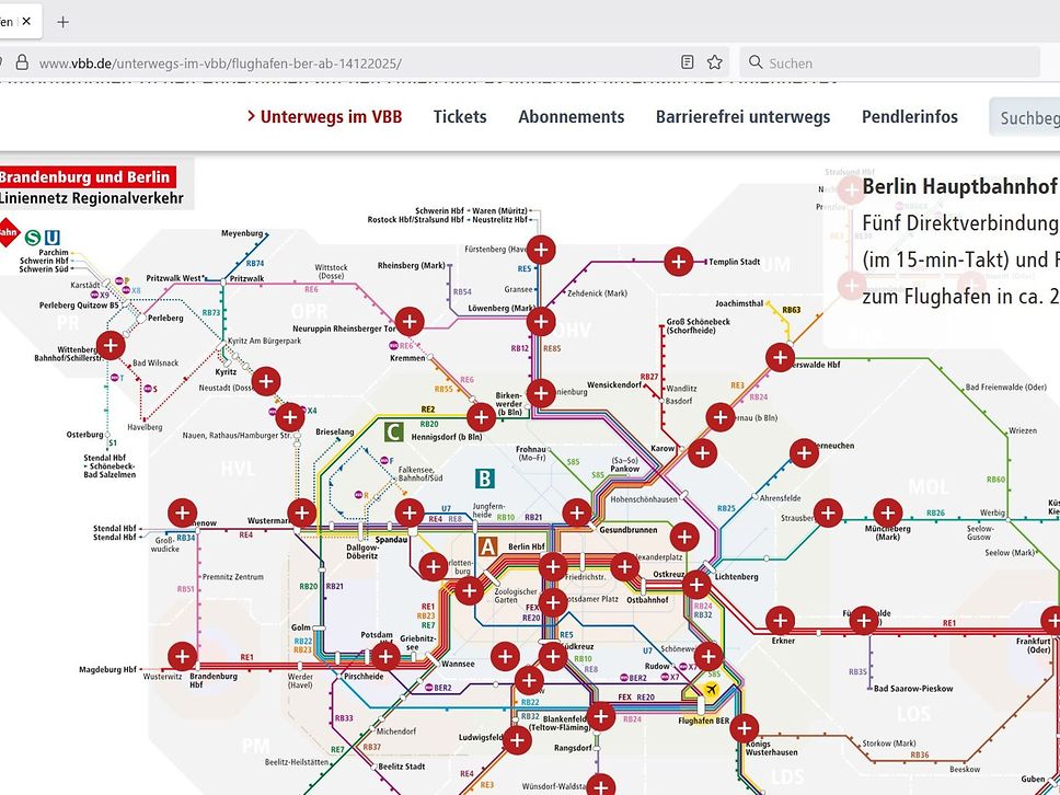 Screenshot einer Internetseite mit einem Liniennetz und vielen roten Punkten, die weitere Infos geben.