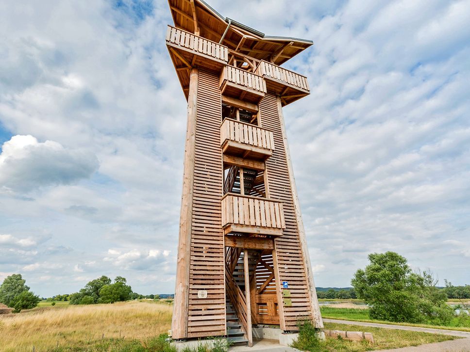Ein aus Holz gebauter Aussichtsturm ragt in einen wolkigen Sommerhimmel.