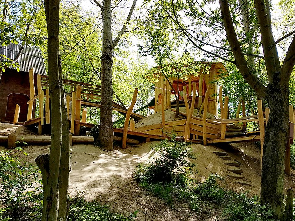 In einem Wald steht ein Spielplatz aus Holz.