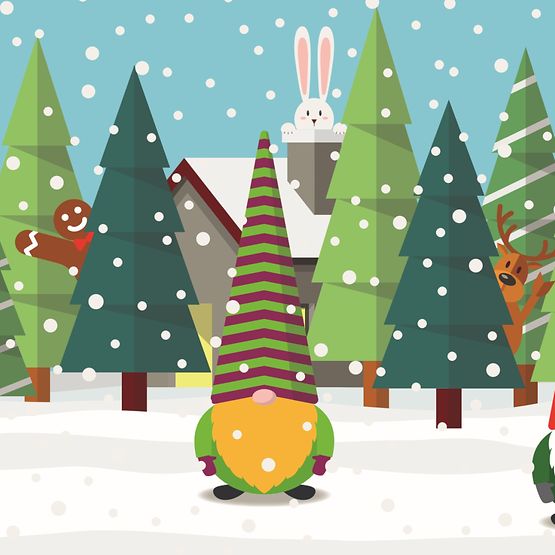 Eine Illustration eines Tannenwaldes mit lustigen Weihnachtsmännern und -frauen davor.