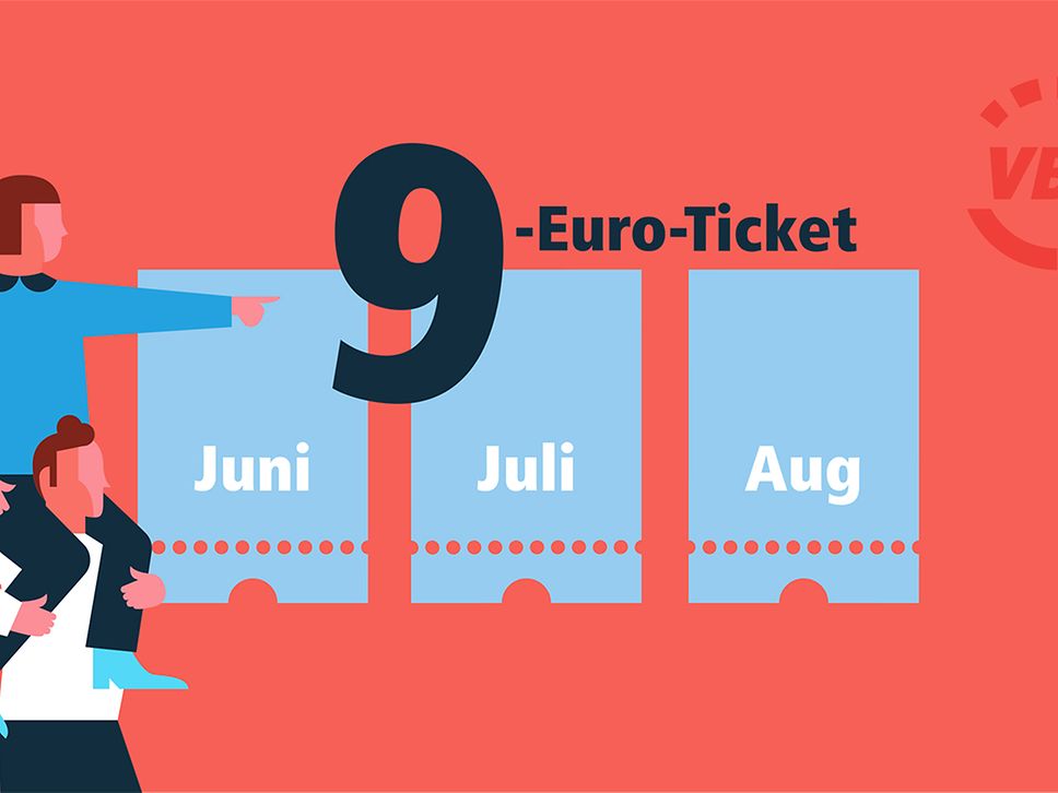 Grafik mit Schrift "9-Euro-Ticket" und drei stilisierten Fahrausweisen für Juni, Juli, August