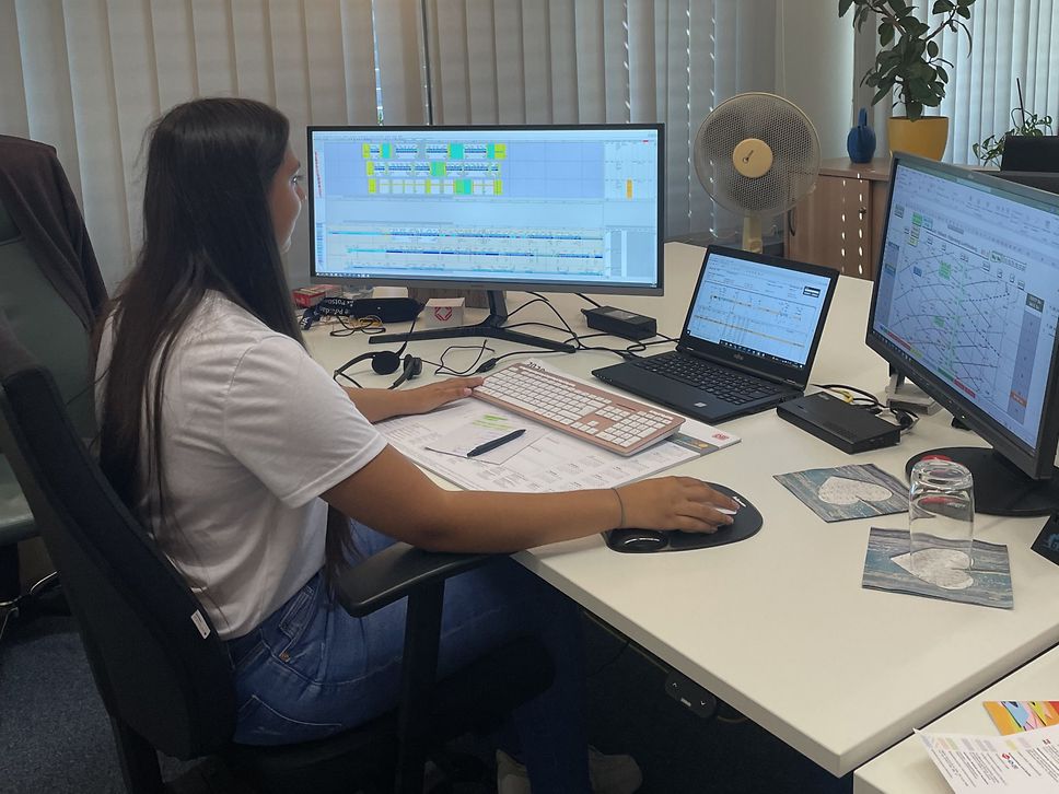 Azubine Amina Ali am PC von hinten zu sehen.