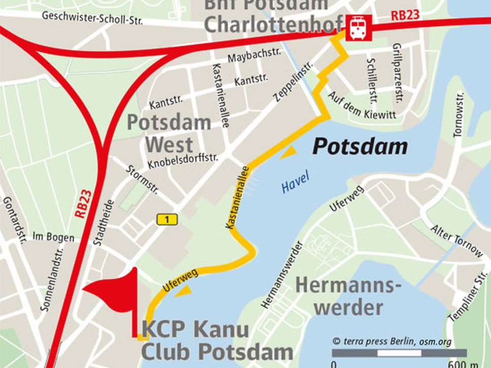 Grafik mit eingezeichnetem Uferweg vom Bahnhof zum Kanuclub.