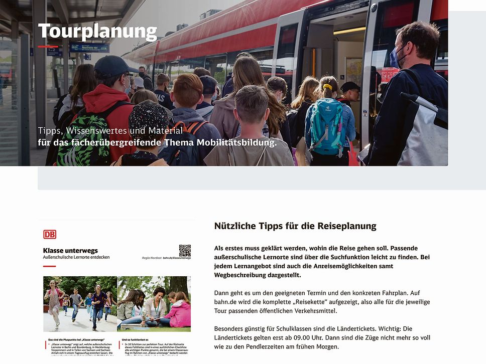 Screenshot einer Internetseite zur Tourplanung für "Klasse unterwegs".